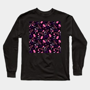 Pattern with colourful autumn leaves and flowers in neon pink and black background Long Sleeve T-Shirt